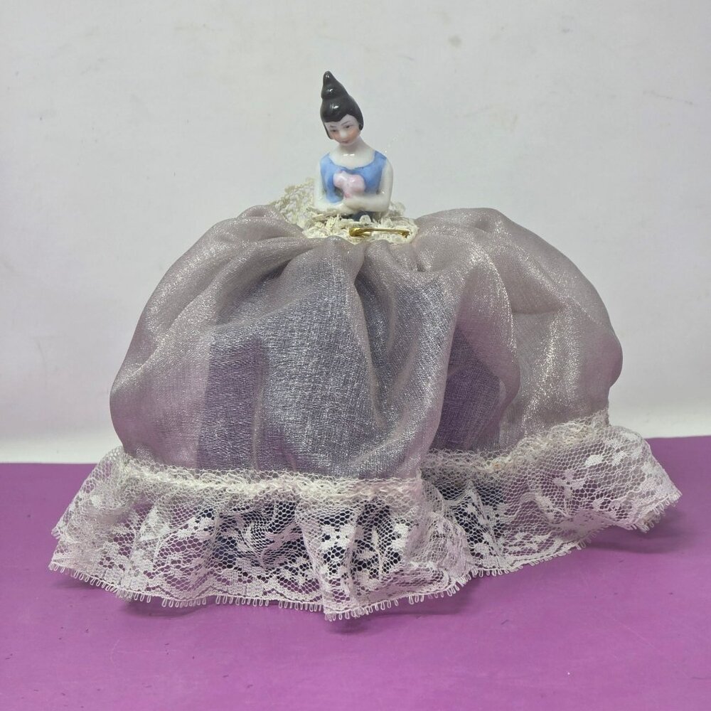 Antique Porcelain Doll Figurine Lace Skirt Pin‎ Cushion Sewing Accessory Trim
